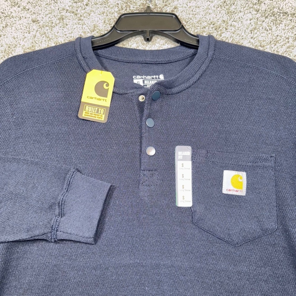 Carhartt Mens Relaxed Fit Heavyweight Henley Pocket Thermal Shirt Navy Sz S NEW